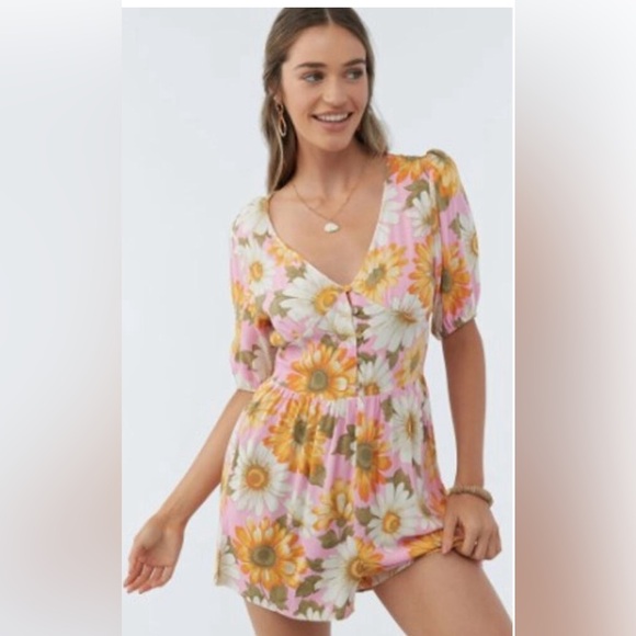 O'Neill Georgina Floral Print Romper Orange Pink Women's Large - Picture 4 of 4